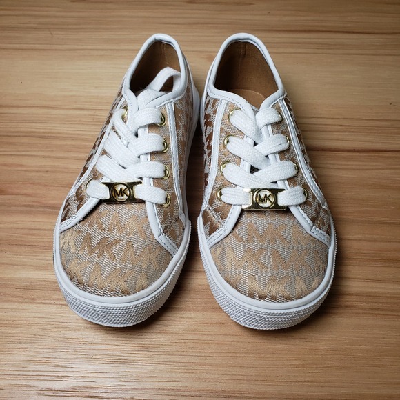 Michael Kors Kid's 11 MK Monogram Chunky Sneaker Beige Brown White Preppy Shoe‎ - Picture 4 of 8